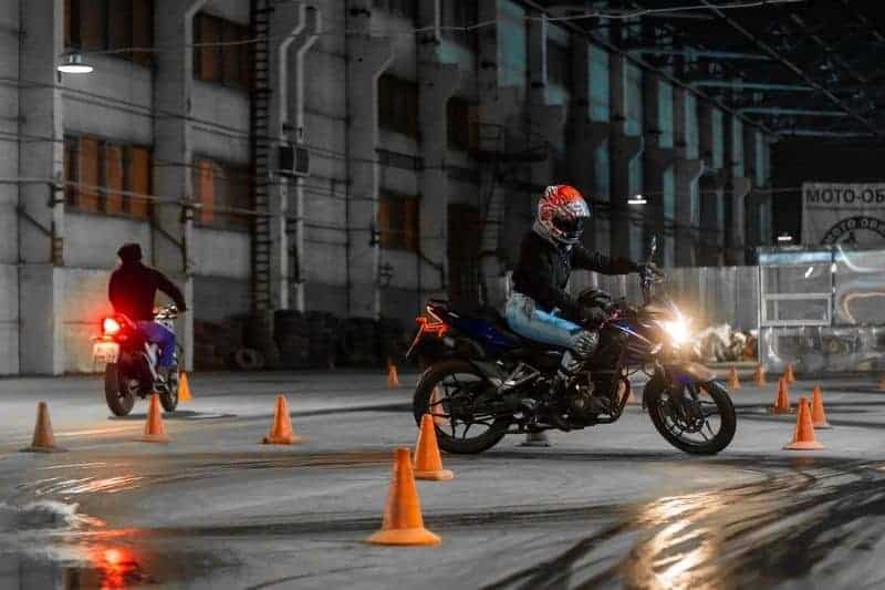 A motorcycle rider taking a training course