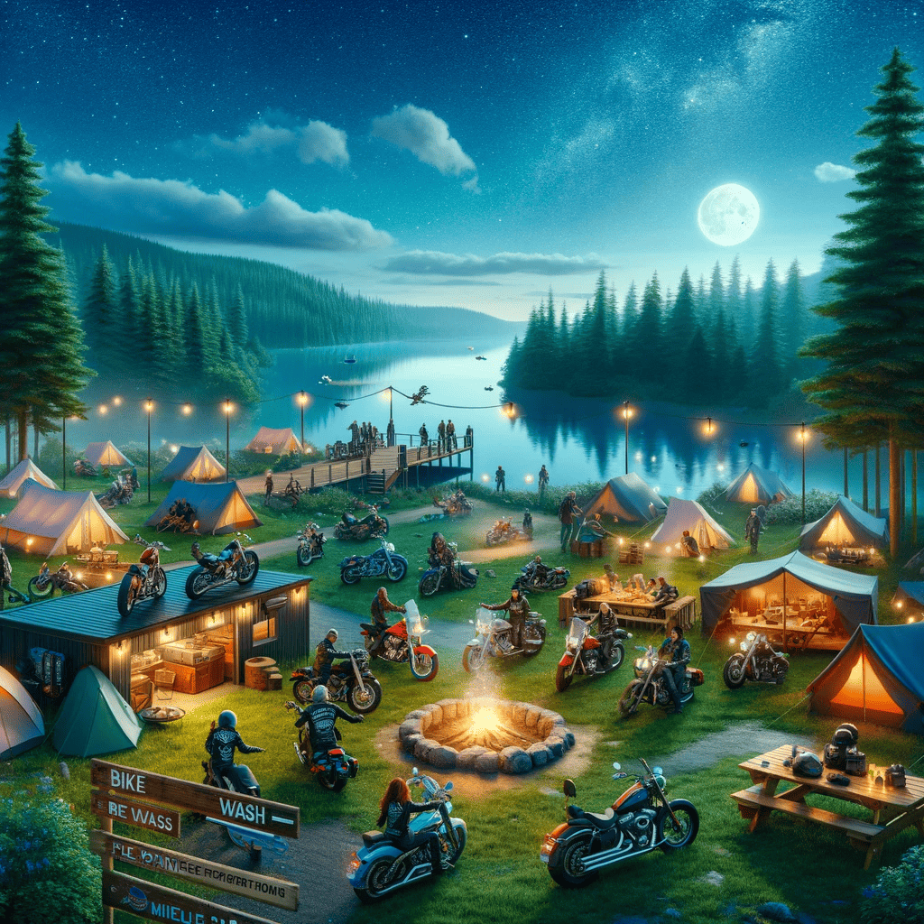 A scenic motorcycle-friendly campsite by a serene lake, under a starry night sky. The campsite is bustling with activity as bikers set up their tent
