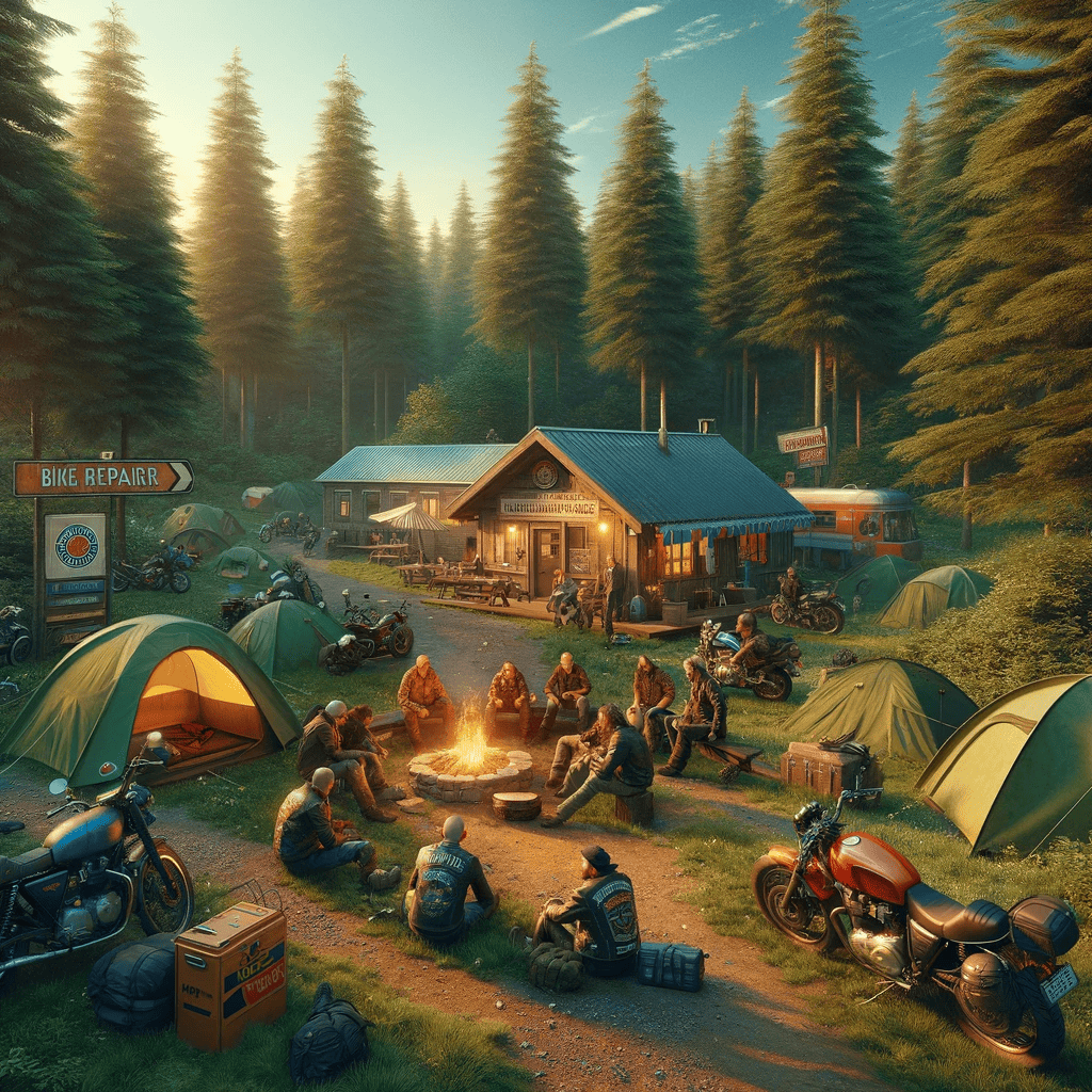 An idyllic motorcycle-friendly campsite, set in a lush green forest with a clear blue sky. The scene includes a group of tents pitched on flat, stable