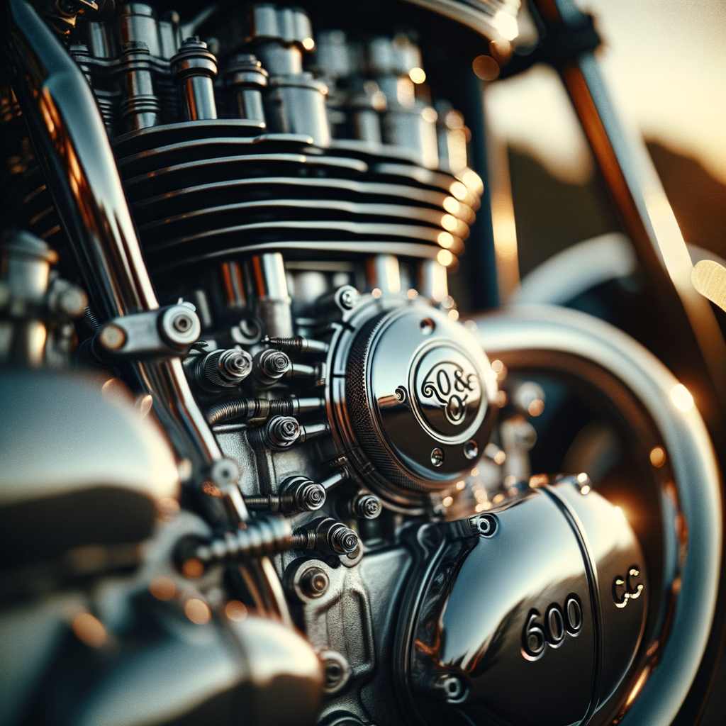 "Vue rapprochée d'un moteur de moto de 600 CC brillant au soleil du soir, soulignant les détails de conception complexes, avec un arrière-plan flou."